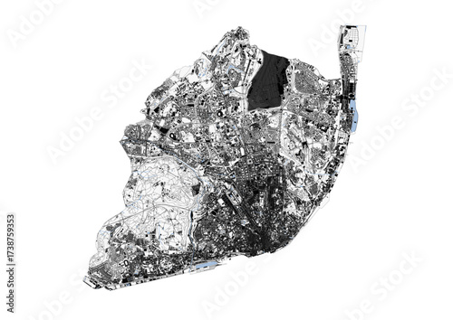 A black and white vector map of Lisbon, Portugal, highlighting the city's urban grid, highways, buildings, and waterways.
