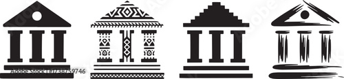 Bank architecture pillars icons, financial institution symbols set, various styles