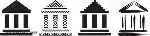 Bank building architecture icons, finance institution glyphs set, various styles