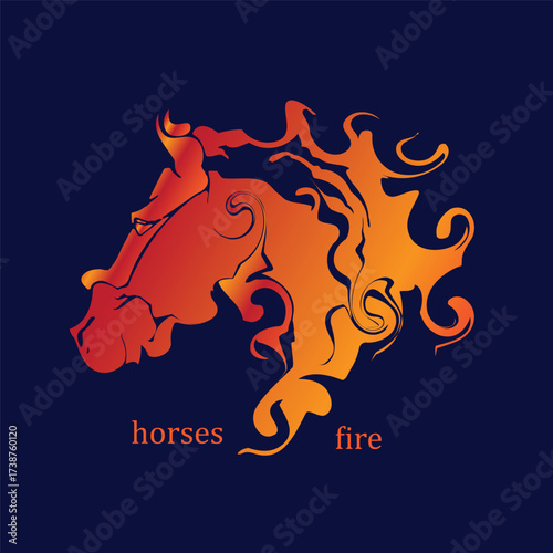 A striking vector illustration of a horse head made of swirling flames in shades of orange and red against a dark blue background