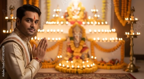 Man in traditional attire praying during Diwali celebration. Hindu festival of lights with a devotee offering prayers for worship.