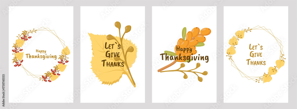 Fototapeta premium Thanksgiving poster set with festive autumn design. For holiday decoration marketing material social media post and seasonal invitation. Vector illustration