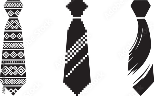 Three black white men’s ties on transparent background: patterned, pixelated, and artistic stroke designs