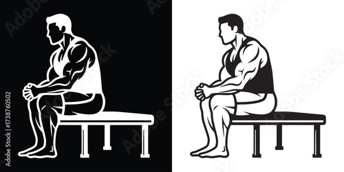 Bodybuilder resting after intense workout session on bench in gym monochrome graphic