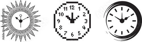 Three different clock icon styles. Round time devices. Pixel clock. Analog clock. Time measurement