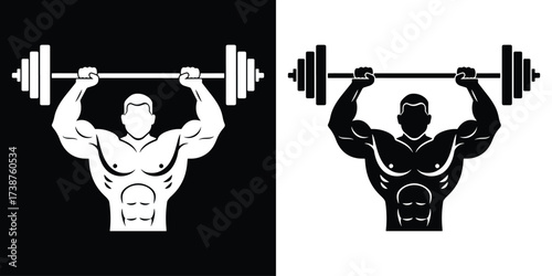 Powerful bodybuilder lifting barbell in contrasting black and white backgrounds