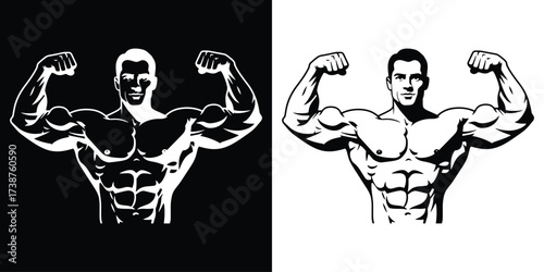 Powerful bodybuilder flexing muscles with confidence in black and white design style