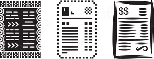 Three stylized receipts and bills in black, representing transactions and financial documents