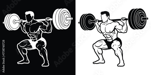 Powerful weightlifter performing squats in black and white for fitness promotions