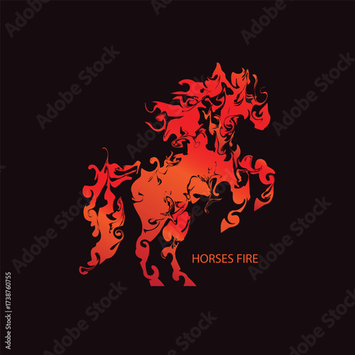 A creative vector illustration of a fiery horse made entirely of red and orange flames on a dark background. The artwork portrays energy, strength, and motion, symbolizing power and freedom.