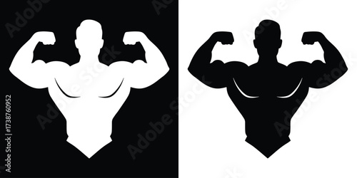 Bold silhouette of bodybuilder flexing biceps in black and white, fitness concept