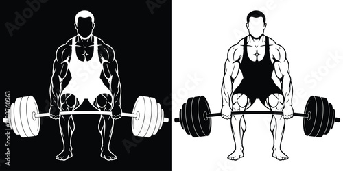 Powerful weightlifter preparing for deadlift in black and white silhouette design
