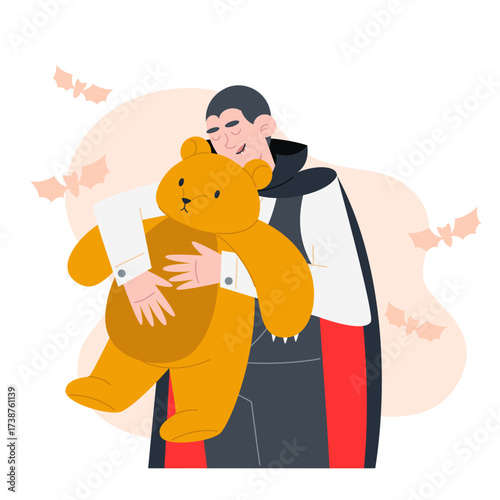 Cartoon vampire hugging a teddy bear with bats and a peach circle