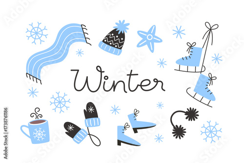 Cartoon winter elements including a scarf hat mittens skates and hot drink