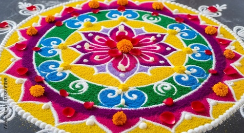 Colorful rangoli decoration with flower petals and marigold, vibrant art for Diwali festival or Indian celebration background.