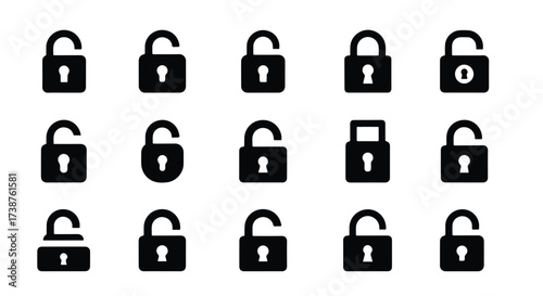 Collection of black open padlock icons symbolizing security access and unlocked status  - Basic icon for website design, logo, app, template, ui, infographic