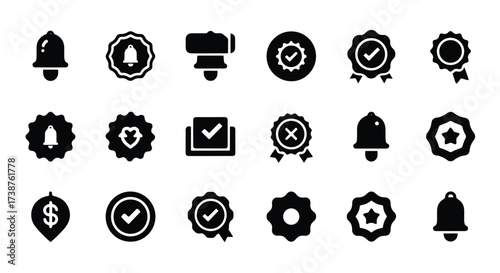 Collection of black and white icon symbols for approval quality and notification elements  - Basic icon for website design, logo, app, template, ui, infographic