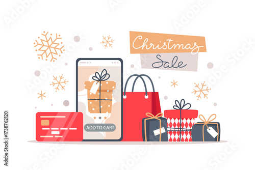 Christmas sale illustration with gifts shopping bag phone and credit card