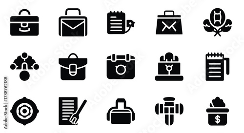 Collection of business and finance icons depicting briefcase money target and document symbols for professional use  - Basic icon for website design, logo, app, template, ui, infographic