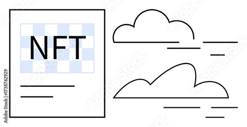 NFT document with checkered section, minimal lines, and abstract clouds. Ideal for blockchain, digital assets, online transactions, innovation, creative tech, monetization simple flat metaphor