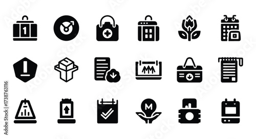 Diverse set of black and white icons representing business technology and safety elements  - Basic icon for website design, logo, app, template, ui, infographic