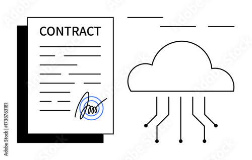 Signed contract document linked to a digital cloud with connecting lines. Ideal for digital transformation, online agreements, blockchain, cloud storage, data sharing, remote work, simple flat