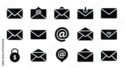 Collection of 15 silhouette icons representing email and communication symbols  - Basic icon for website design, logo, app, template, ui, infographic