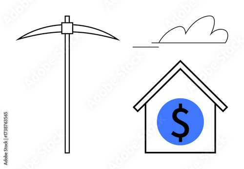 Mining pickaxe beside a house with a dollar sign inside suggests resource extraction, profit, or investment. Ideal for real estate, mining, economy, wealth, savings industry labor. Simple flat