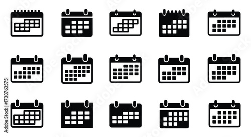 Collection of simple black and white calendar icons for planning and scheduling tasks  - Basic icon for website design, logo, app, template, ui, infographic