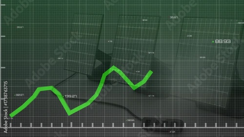 Neon green line appearing lower left over grid oscillating and climbing visualizing data trend