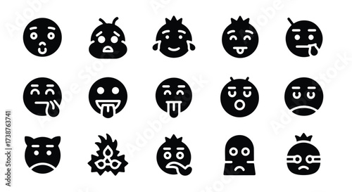 Diverse collection of stylized emoticons expressing various emotions and actions in a grid layout  - Basic icon for website design, logo, app, template, ui, infographic