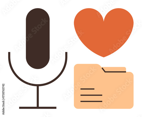 Microphone, orange heart, and file folder symbolize voice recording, creativity, passion, content organization. Ideal for podcasting, storytelling, data management inspiration communication