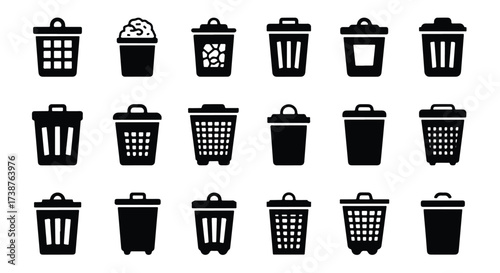 Collection of diverse trash can and waste bin icons for recycling and disposal  - Basic icon for website design, logo, app, template, ui, infographic