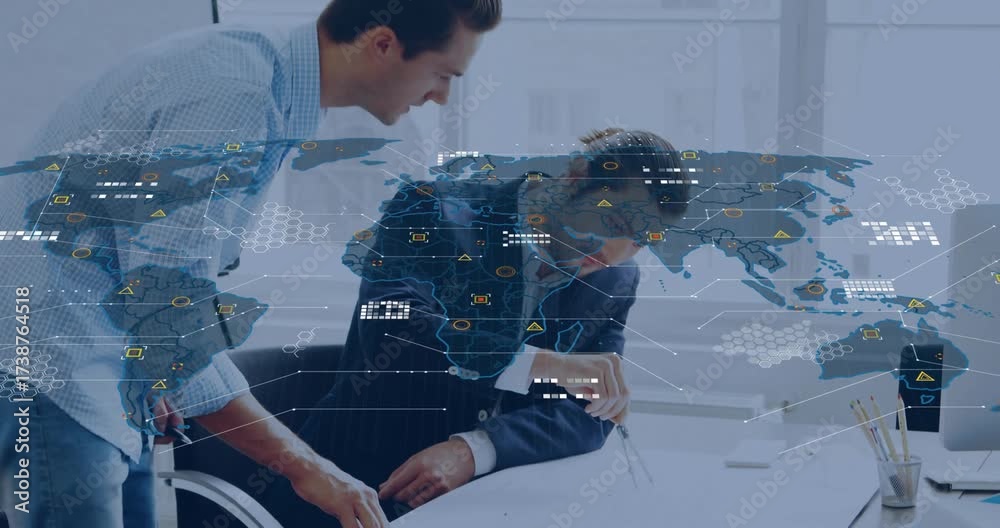 Architect using compass marking plans while colleague sliding tablet ...