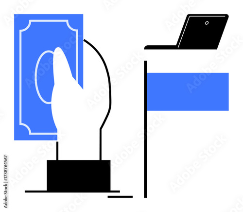 Hand offering cash near terminal linked to laptop, representing online payment, e-commerce, and digital banking. Ideal for finance, transactions, payments, shopping, business technology topics