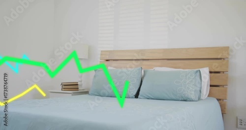 Colored data lines entering left edge and traversing bedroom bed surface visualizing tech trends