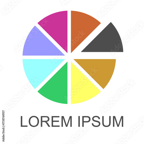 Vector illustration of a colorful, segmented pie chart divided into 8 unequal parts. Ideal for business presentation, data visualization, financial analysis, logo design, and infographic layouts