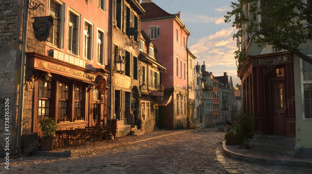 Fototapeta premium Picturesque European street scene bathed in warm sunlight showcases classic architecture and charming storefronts, with cobbled streets leading towards the horizon and trees adding a natural touch,...