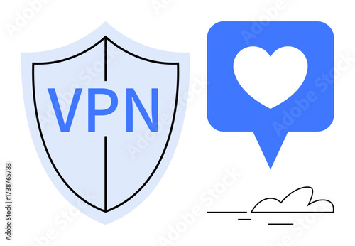 Shield labeled VPN alongside a blue heart in a speech bubble above a cloud. Ideal for security, privacy, technology, networking, communication, safety, connection concepts. Simple flat metaphor
