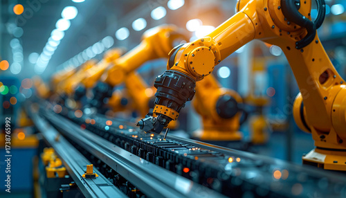 Robotic Arms in an Industrial Automation: A row of state-of-the-art yellow robotic arms in a modern manufacturing facility, precisely moving items on a conveyor belt.