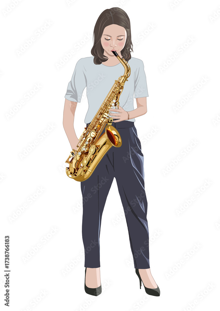 Naklejka premium サックスを吹く若い女性イラスト