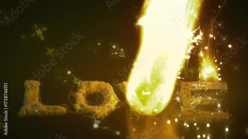 Handheld sparkler flame entering right and sweeping letter E, igniting sparks and illuminating LOVE