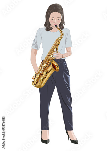 サックスを吹く若い女性イラスト