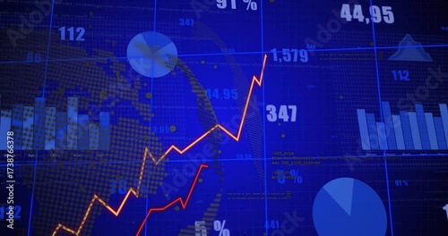 On dashboard load, globe, bar or line charts animating; pie rotating, numbers updating showing trend