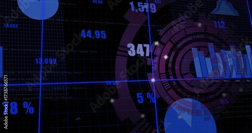 Opening dark grid animating bar chart rising, gauge spinning, readouts updating and showing trends