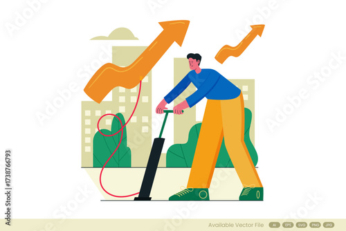 Concept Person inflating upward trending arrows