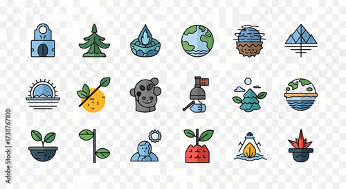 A diverse set of colorful icons representing nature, ecology, and planetary themes on a transparent background.