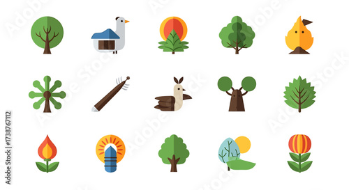 A collection of 15 flat design icons representing nature, animals, and abstract elements.