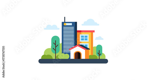 Illustration of a cityscape featuring a tall skyscraper, residential buildings, and trees under a cloudy sky.