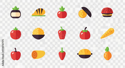 Flat vector icons of various food items on a transparent background.